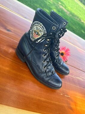 Black Lace-Up Combat Boots with Patch Detail